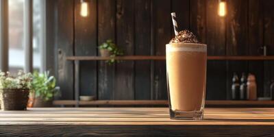 Refreshing coffee beverage with whipped cream served in modern cafe setting during afternoon hours photo