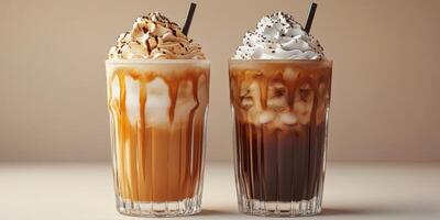 Creamy iced beverages with whipped cream and chocolate drizzle on display in a cafe setting photo
