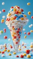 Colorful dessert with soft serve ice cream and candy scattered on a bright blue background photo