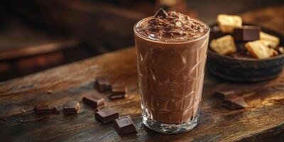 Rich chocolate shake served in a glass on a wooden table alongside chocolate pieces and wafers photo