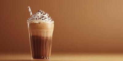 Delicious chocolate milkshake topped with whipped cream and chocolate sprinkles on a warm background photo