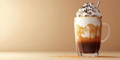 Creamy iced coffee topped with whipped cream and chocolate shavings on a smooth background photo