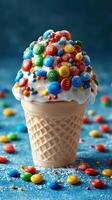Colorful ice cream cone topped with candy and sprinkles on a blue background at sunny midday photo