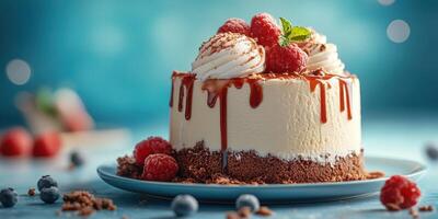 Delicious cheesecake topped with fresh raspberries and drizzled chocolate on a blue background photo