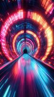 Vibrant tunnel lights create a futuristic passageway filled with dynamic colors and glowing patterns photo