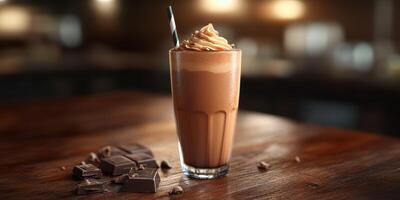 Delicious creamy chocolate shake served in a tall glass with whipped cream on top in a cozy cafe setting photo