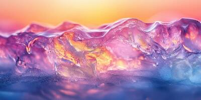 Colorful translucent ice formations during sunset over calm waters create a serene and mesmerizing landscape photo