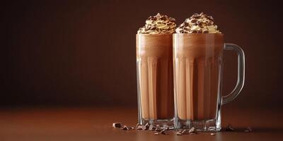 Delicious chocolate milkshakes topped with whipped cream and chocolate shavings in a cozy setting photo