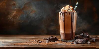 Delicious chocolate milkshake with whipped cream and chocolate drizzle served in a tall glass photo