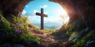 Cross stands elegantly at the entrance of a serene cave with lush greenery and mountains in the background during daylight hours photo