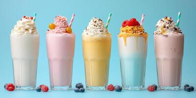 Delicious smoothie selection displayed against a bright blue background for summer enjoyment photo