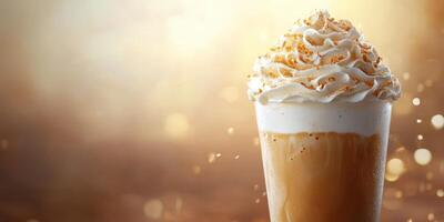 Delicious whipped cream topped coffee drink held against a warm, glowing background in a cozy cafe setting photo