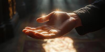 Hand reaching out with glowing energy in a mystical setting during twilight hours photo