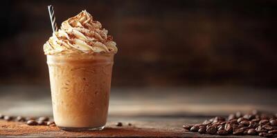 Creamy iced coffee topped with whipped cream and chocolate shavings on rustic table photo