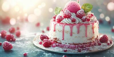 Delightful raspberry cake topped with ice cream and fresh berries during a sunny afternoon gathering photo