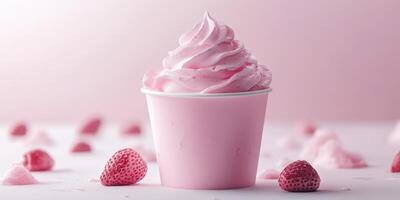 Delicious pink strawberry swirl ice cream in cup surrounded by fresh strawberries photo
