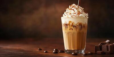 Rich iced coffee topped with whipped cream and chocolate served in a tall glass on a wooden table photo