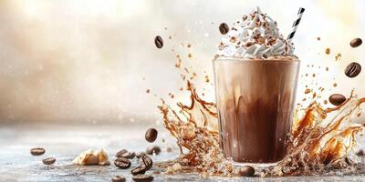 Creamy iced coffee drink splashes on a surface with coffee beans scattered around during bright daylight photo
