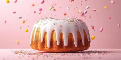 Deliciously decorated cake with vibrant sprinkles and icing on a pink background photo