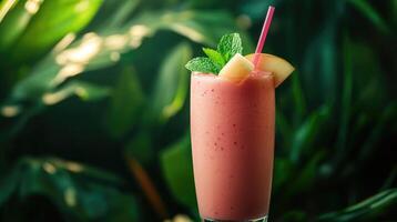 Tropical exotic pink smoothie decorated with mint and fruit in a glass jar on a background with palm leaves photo
