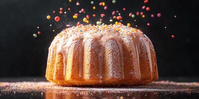 Delicious cake with colorful sprinkles surrounded by a festive atmosphere during a cheerful celebration photo