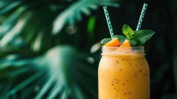 Tropical exotic smoothie decorated with mint and fruit in a glass jar on a background with palm leaves photo