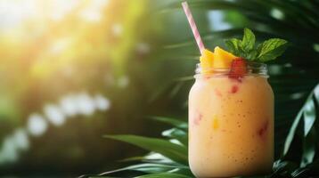 exotic smoothie decorated with mint and fruit in a glass jar on a tropical background with soft sunlight photo