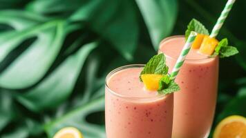2 cups fruit smoothie decorated with mint and fruit on a tropical background photo