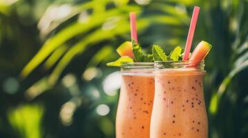 2 jars of fruit smoothie decorated with mint and fruit on a tropical background photo