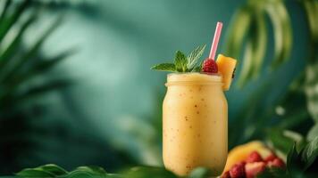 Tropical exotic tasty smoothie decorated with mint and fruit in a glass jar on a background with palm leaves photo