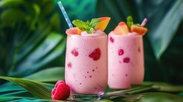 berry and fruit smoothie decorated with mint and fruits in a glass jar on a tropical background photo