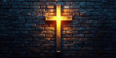Illuminated cross on a dark brick wall creates a striking spiritual ambiance in a dimly lit space photo