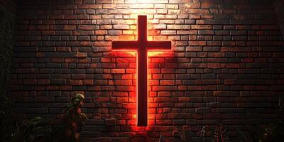 Illuminated cross against brick wall in dimly lit environment during nighttime photo