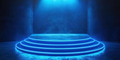 Modern stage with blue lighting effects suitable for performances and events in a darkened venue photo