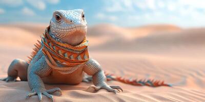 Lizard resting in a desert landscape during daylight, showcasing unique skin and surrounding sandy environment photo