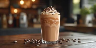Delicious coffee drink topped with whipped cream and chocolate shavings in a cozy cafe setting photo