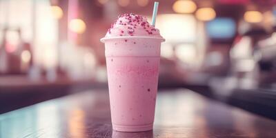 Delicious pink milkshake with whipped cream and sprinkles served in a vintage diner setting on a bright day photo
