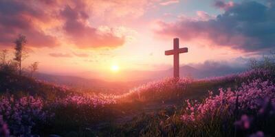 Serenity at sunset with a cross surrounded by blooming flowers in a tranquil landscape photo