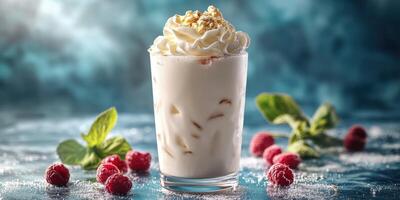 Refreshing cream beverage topped with whipped cream and raspberries on a blue background photo