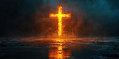 Illuminated cross shines brightly over dark waters in a dramatic setting at twilight photo