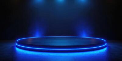 Illuminated circular stage with blue lights in a dark space for performances or presentations photo