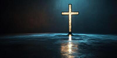 Radiant cross illuminates a dark space with reflective floor on a calm evening photo