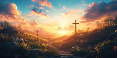 Sunset over a serene landscape with crosses and vibrant flowers in the foreground photo