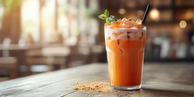 Refreshing iced beverage with tropical flavors served in a glass at a cafe during a sunny afternoon photo