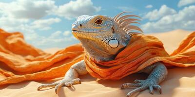 Lizard resting on sandy desert landscape under blue sky with fluffy clouds during mid-afternoon sunlight photo