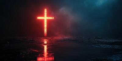 Bright red cross illuminated against a dark, misty background creating a dramatic spiritual atmosphere photo