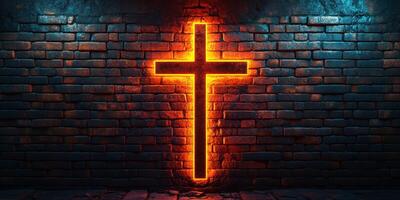 Illuminated cross on a dark brick wall creating a striking contrast between light and shadow photo