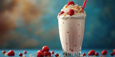 Delicious raspberry milkshake topped with whipped cream and granola on a colorful background photo