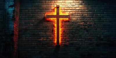 Illuminated cross on a brick wall creates an evocative atmosphere in a dimly lit setting photo