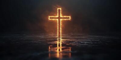 Glowing cross reflects in darkened surroundings during a moment of contemplation and faith photo